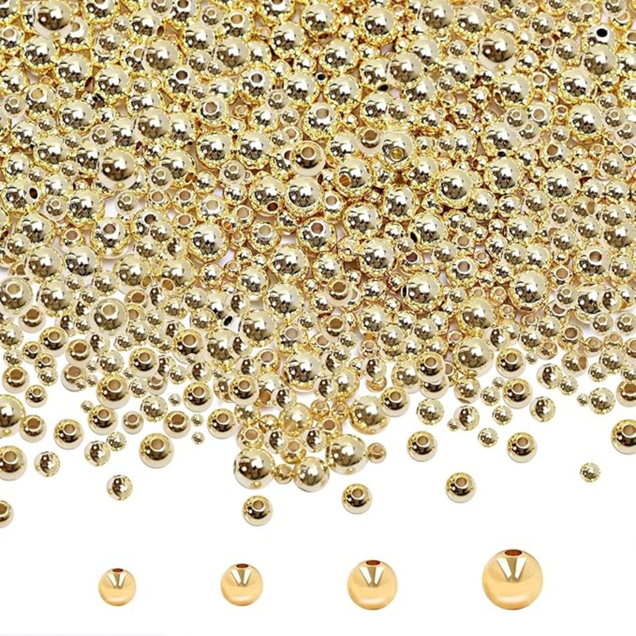 250 Pcs 14K Gold Filled Spacer Beads, 5mm Seamless Smooth Round Beads, Tarnish Resistant Brass Metal Loose Beads for DIY Necklace, Bracelet & Jewelry Making Supplies
